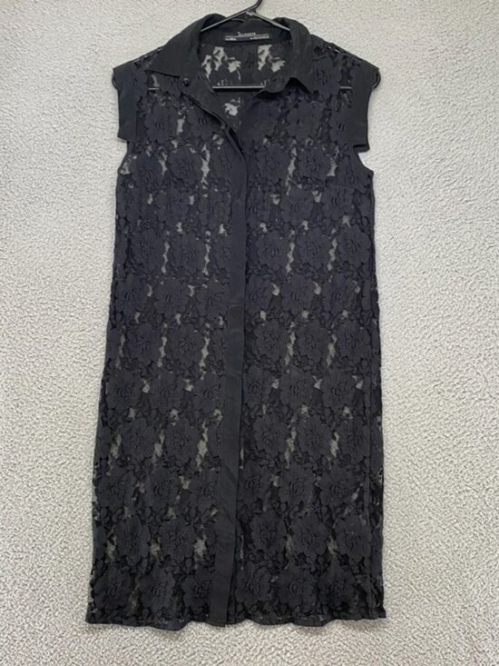 Dresses & Skirts - Black Lace Sleeveless Collared Midi Shirt Dress